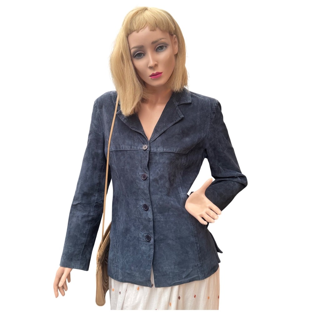 Vintage 90's Cleo Petites Suede Jacket Navy Blue Button Front Dark Academia Sz S